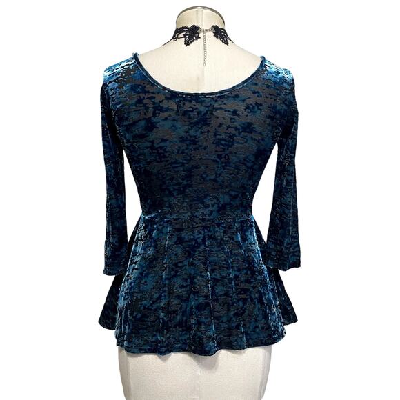 Decree Whimsygoth Gothic Blue Velvet Semi Sheer Fitted Blouse - Picture 9 of 11